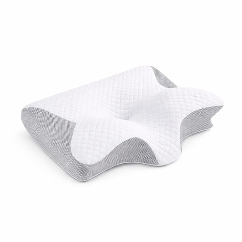 Oreiller cervical ergonomique gris en mousse à mémoire de forme.