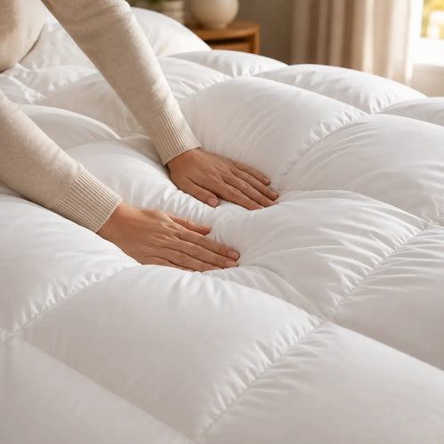 Gros plan sur le gonflant et la texture moelleuse de la couette en duvet de canard