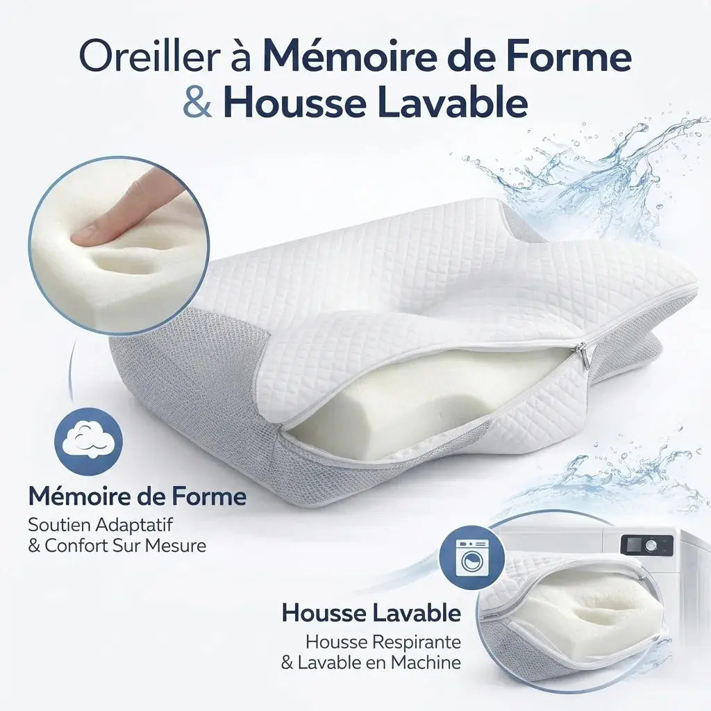 Oreiller à mémoire de forme avec housse respirante amovible et lavable en machine