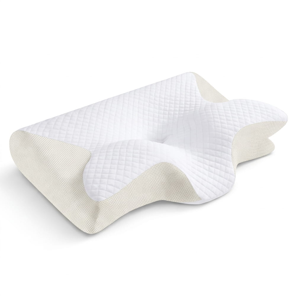 Oreiller cervical ergonomique blanc en mousse à mémoire de forme.