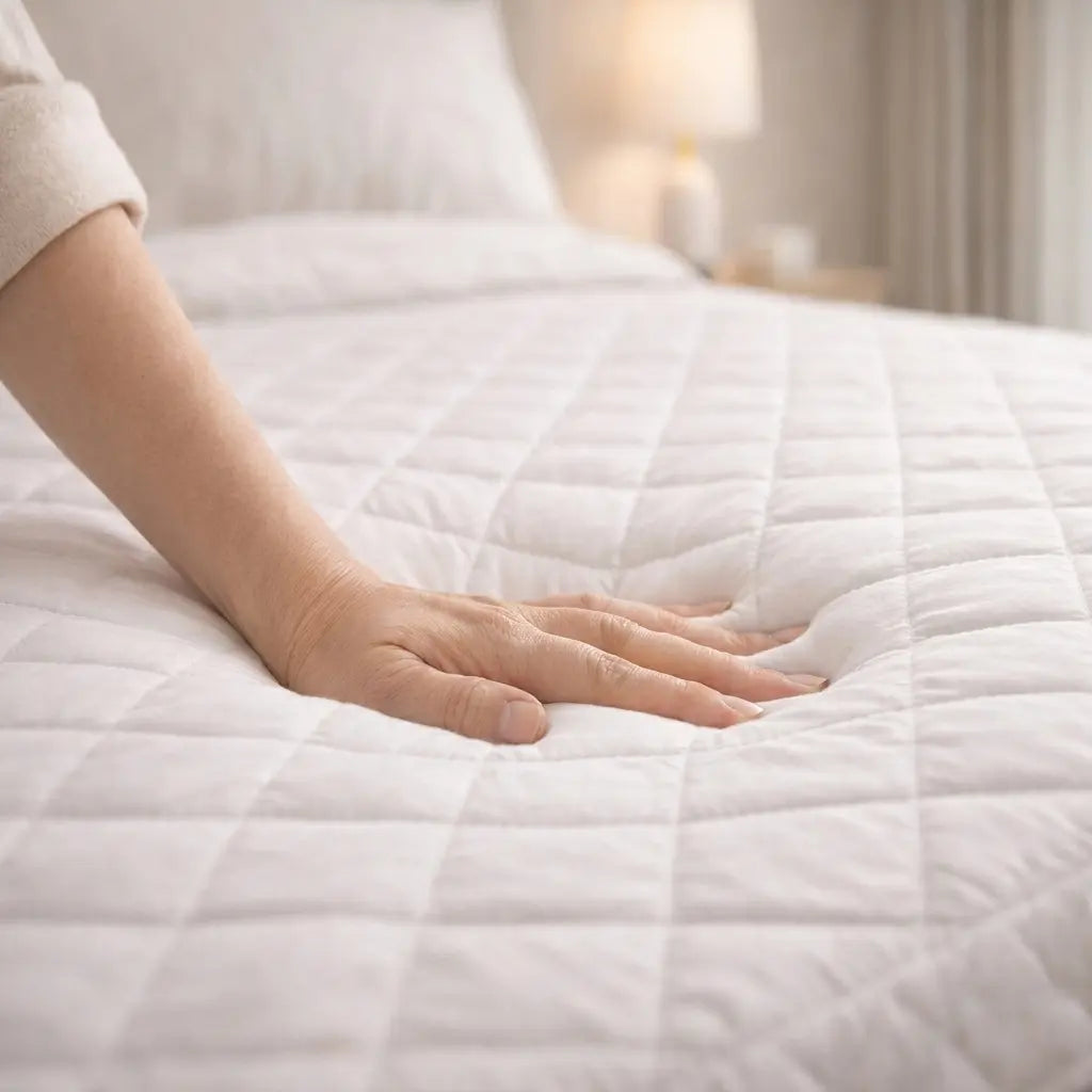 Main s'enfonçant dans un surmatelas à mémoire de forme de 7cm pour montrer l'accueil moelleux et la résilience de la mousse.